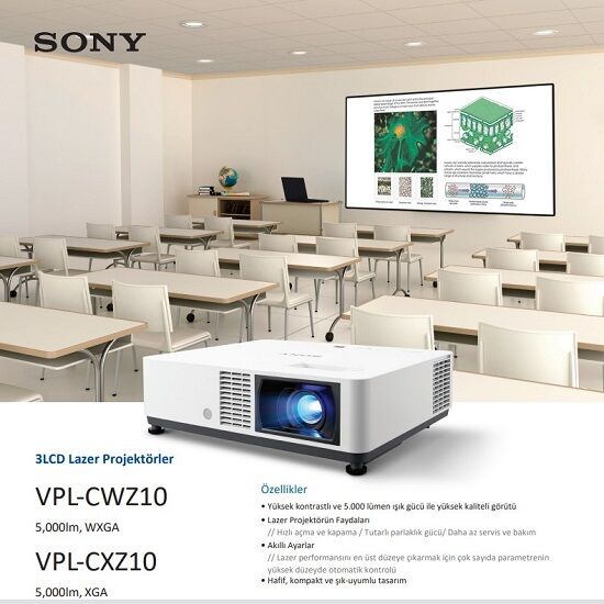 SONY VPL-CWZ10 5.200 Lümen | 1280 x 800 çözünürlük | Lazer teknolojisi ile 20.000 Saat